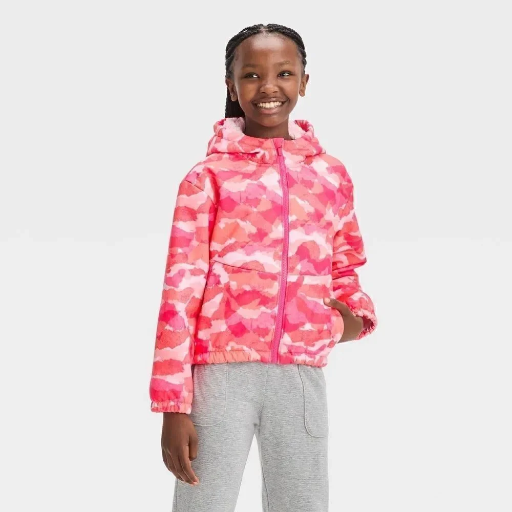 All In Motion Girl’s Abstract Pink Plush Softshell Full Zip Hooded Jacket 6/7